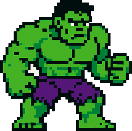 pixel art Hulk.
In-Game asset.  2d.  High contrast.  No shadows