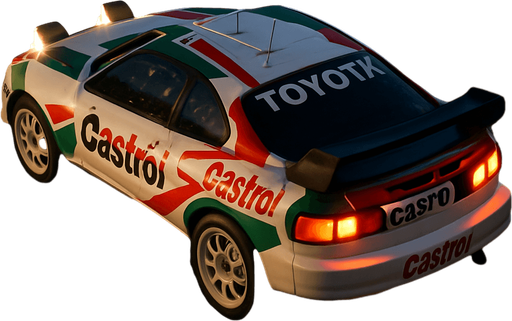 Photorealistic TOTOYA Rallycar in nightlight, drone topview from back and 45 degrees angle in top right corner