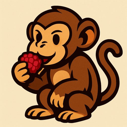 A brown monkey eating a berry.
In-Game asset.  2d.  High contrast.  No shadows