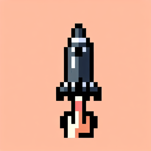 an 8-bit missile pointing upward.
Single Game Texture. In-Game asset. 2d. Blank background. High contrast. No shadows.