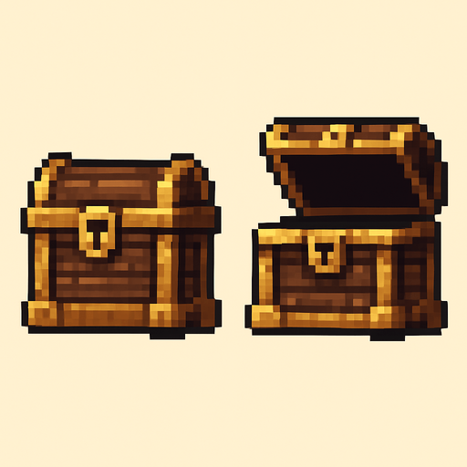 An old treasure chest with a lid open and lid closed version. From straight on view. Retro pixelated art..
In-Game asset.  2d.  High contrast.  No shadows