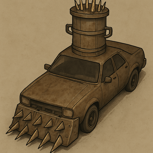 A Mad Max style car will be old and will have a metal spiked plate on the front and will have a top view of the car