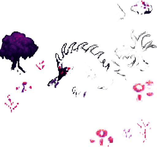 “Top-down 2D pixel art of a corrupted purple biome with twisted terrain and glowing fungal elements. A monstrous purple creature stands or crawls among deformed trees with dark trunks and sickly foliage. The environment is filled with warped nature: crooked trees, glowing red or violet plants, cracked soil with dark veins, and scattered patches of toxic mist. The monster has a grotesque form, with tentacles or spines, and a faint red glow. The scene is rich in environmental details, designed as a high-quality overworld area in a dark fantasy pixel art game.”.
In-Game asset.  2d.  High contrast.  No shadows