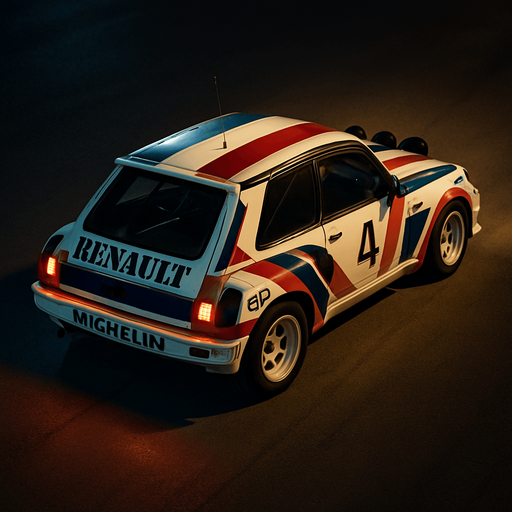 Photorealistic RENAULT Rallycar in nightlight, drone topview from back and 45 degrees angle in top right corner.