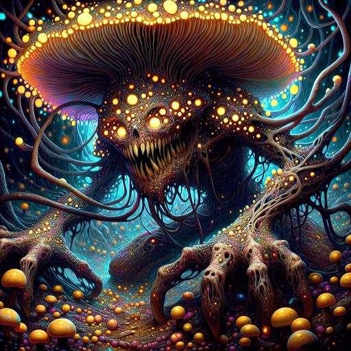 Emerging from the shadows of a twisted, nightmarish landscape, the Psychedelic Nightmare Mushroom Monster is a creature of both mesmerizing beauty and utter terror. Its grotesque form is a tangled amalgamation of flesh and fungi, with its body covered in pulsating, bioluminescent mushrooms that emit an eerie, shifting spectrum of psychedelic colors.

Its head is a nightmarish, oversized mushroom cap, with gnarled, root-like tendrils hanging down, twitching like sentient vines. Hollow, glowing eyes peer out from beneath the cap, radiating an unsettling, otherworldly light that pierces the darkness. A wide, malicious grin stretches across its face, revealing rows of jagged, yellowed teeth that seem to drip with toxic spores.

The creature's limbs are elongated and sinewy, ending in twisted, claw-like fingers that dig into the ground with each step. Its movements are erratic, a haunting dance of jerks and spasms, as if it is being controlled by some unseen force. As it prowls through the.
Single Game Texture. In-Game asset. 2d. Blank background. High contrast. No shadows.