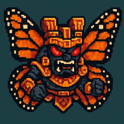 Genérame una Mariposa monarca guerrero azteca con eso patrones, estilo pixelar, con una apariencia maligna, ojos rojos, rabioso. Unidad aerea con alas. Animal.
In-Game asset.  2d.  High contrast.  No shadows