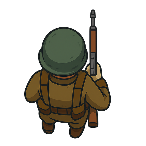Soldier with rifle, helmeted infantryman, top view. No background. Transparent background. Blank background. No shadows. 2d. In-Game asset. flat