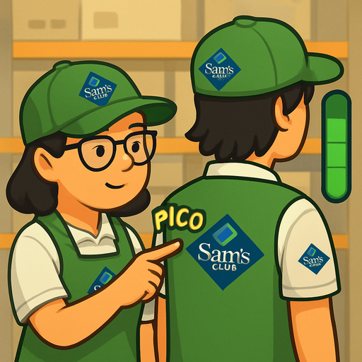 Ambos deberan ser trabajadores de sams club, gorra verde con el logo, la chica de la izqueirda debera usar lentes, polo blanca, mandil verde con el logo del trabajo.
EL chico de la derecha, pelo negro un poco alrgo, gorra igual verde y el amndil.

Igual el de la derecha usara playera de polo blanca.

Y al ededor de la mano que esta tocando deberia decir PICO PICO, COMO SI FUERA UN EFECTO DE SONIDO AL TOCARLO