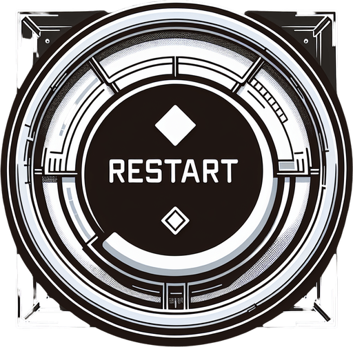 futuristic button with the text saying "RESTART". drawn as a 2D user interface element.
Single Game Texture. In-Game asset. 2d. Blank background. High contrast. No shadows.