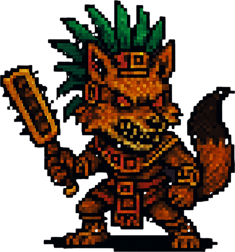 Genérame una Zorro Cangrejero guerrero azteca con eso patrones, estilo pixelar, con una apariencia maligna, ojos rojos, rabioso. Unidad cuerpo a cuerpo. Animal.
In-Game asset.  2d.  High contrast.  No shadows