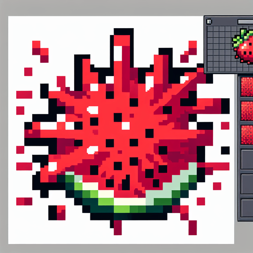 8-bit pixelated radial watermelon red juice explosion splash.
Single Game Texture. In-Game asset. 2d. Blank background. High contrast. No shadows.