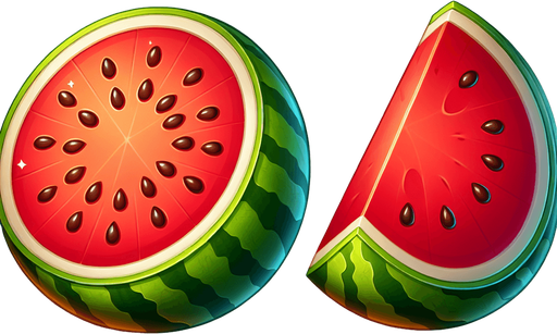 sliced watermelon fruit into two left side one and rightside one.
Single Game Texture.  In-Game asset.  2d.  Blank background.  High contrast.  No shadows