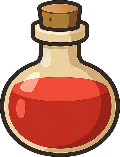 a classic health potion, a bottle of translucent red liquid. No background. Transparent background. Blank background. No shadows. 2d. In-Game asset. flat
