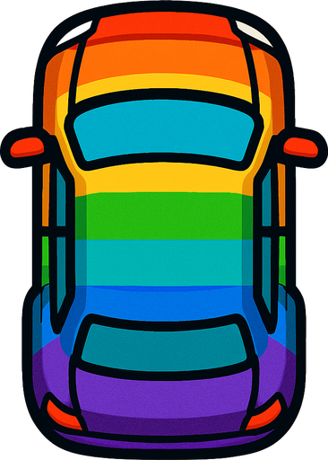 Bird view rainbow car.
In-Game asset.  2d.  High contrast.  No shadows