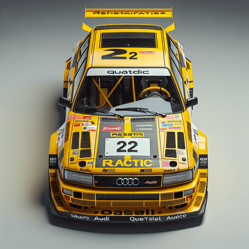 Photorealistic Audi Quattro B2 rally car with yellow stickers, from topback view