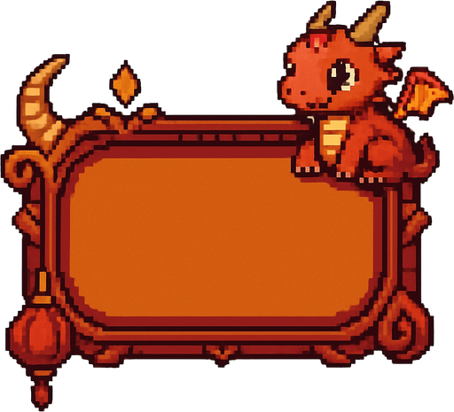 A horizontally-oriented pixel art score frame designed for a fantasy-themed 2D retro game featuring a baby dragon.
The frame is intended to be placed at the top center of the screen during gameplay.
It has a rounded rectangular shape with a rich dark red or deep gold background and mystical decorative accents.
The inside of the frame is filled with a solid warm color (not transparent) to allow number assets to be placed on top.
Small fantasy elements like tiny dragon scales, curved horns, or red lantern motifs can appear on the corners or edges to match the baby dragon theme.
The overall look is mystical, cute, and fits a traditional Eastern-inspired fantasy aesthetic..
In-Game asset.  2d.  High contrast.  No shadows. pixel art. side view. fantasy. retro game. dragon theme. eastern style. cute. rich colors. mystical