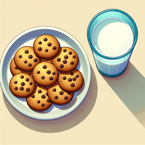 top down plate of cookies glass of milk. In-Game asset. Blank background. No shadows. Single Game Texture. In-Game asset. 2d. Blank background. High contrast. No shadows.