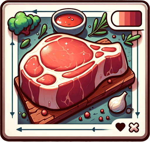 An animated image of a delicious meat.
Single Game Texture. In-Game asset. 2d. Blank background. High contrast. No shadows.