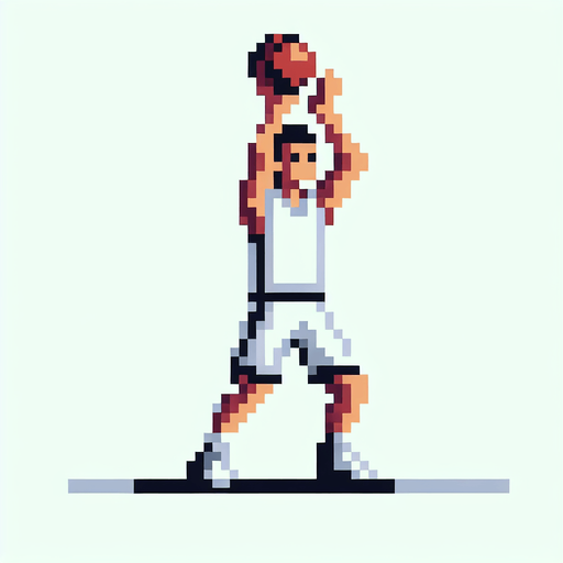 pixel art, an empty handed basketball player blocking with his empty hands over his head. full figure..
Blank background. High contrast. No shadows.