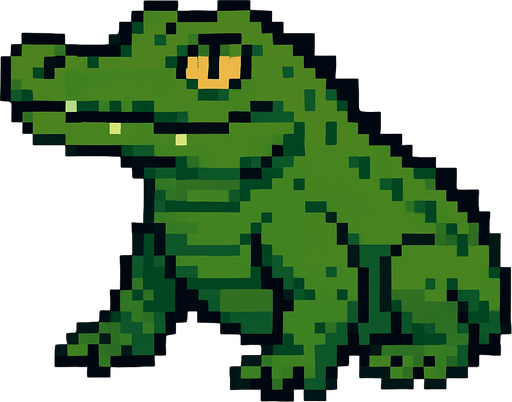 green crocodile. looking left. pixel art..
In-Game asset.  2d.  High contrast.  No shadows
