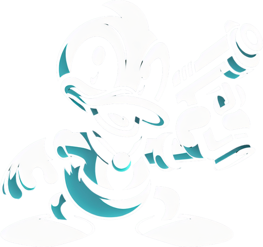 Duck with a gun title logo.
Single Game Texture. In-Game asset. 2d. Blank background. High contrast. No shadows.
