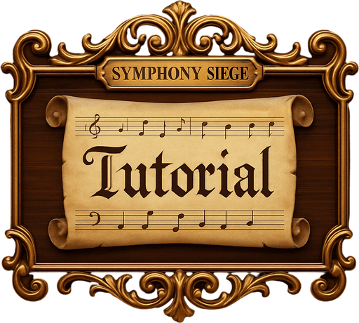 Diseña un botón visual para un videojuego llamado Symphony Siege, destinado a la opción "Tutorial". El estilo debe ser coherente con una interfaz inspirada en una sala de conciertos clásica: elegante, musical y refinada. El botón debe incluir la palabra "Tutorial" centrada, usando una tipografía manuscrita o de partitura antigua, legible y estilizada. El fondo puede simular una partitura enrollada, una tablilla de madera pulida o una tecla de piano estirada horizontalmente. El contorno del botón debe tener detalles ornamentales dorados o cobrizos, evocando la estética barroca o sinfónica. El tono general debe ser acogedor y educativo, sin perder la elegancia musical.
In-Game asset.  2d.  High contrast.  No shadows