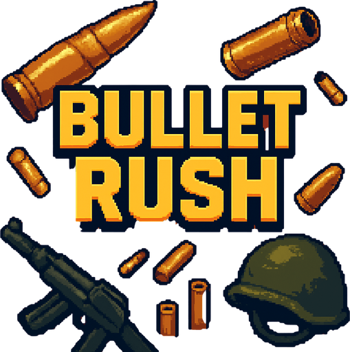 Create an title image written "Bullet Rush" in it, add some elements of war like bulets and make it in a semirealistic 16bit style.
In-Game asset.  2d.  High contrast.  No shadows