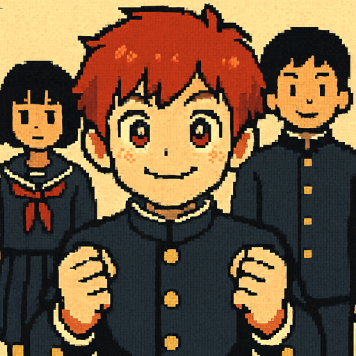 A cute 15-year-old red-haired boy with red eyes, wearing a traditional Japanese school uniform (gakuran). He has a big closed-mouth smile, shining eyes, and clenched fists held forward, as if encouraging himself. Behind him, other Japanese students can be seen. The scene is illustrated in Pixel Art style..
In-Game asset.  2d.  High contrast.  No shadows