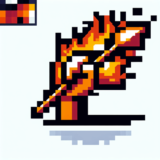 Pixelart. An icon of a an arm holding  javelin with fire around it..
Single Game Texture. In-Game asset. 2d. Blank background. High contrast. No shadows.