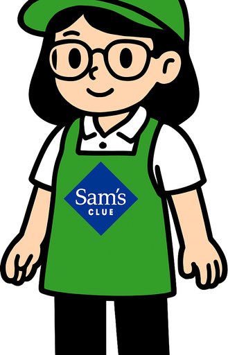 Es una trabajadora de sams club, tierna bonita de lentes con gorra verde y mandil verde, playera polo blanca y pantalon negro.
In-Game asset.  High contrast.  No shadows