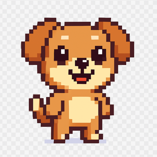 El perro debe ser un personaje adorable y expresivo en estilo pixel art, con cuerpo compacto y simpático, orejas grandes (pueden ser caídas o puntiagudas según la raza), ojos redondos y brillantes que transmitan alegría, y una cola visible que se mueva suavemente; su pelaje puede ser marrón, beige, blanco o una combinación simple de colores, con un diseño caricaturesco fácil de reconocer; debe estar de pie sobre dos patas traseras como un personaje antropomorfo, con una leve sonrisa y movimiento de balanceo o parpadeo como animación sutil; el fondo debe ser transparente y su estilo visual debe encajar en un juego casual, amigable y colorido..
In-Game asset.  2d.  High contrast.  No shadows