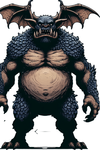 Create a monster that is half bat half ogre.
Single Game Texture. In-Game asset. 2d. Blank background. High contrast. No shadows.