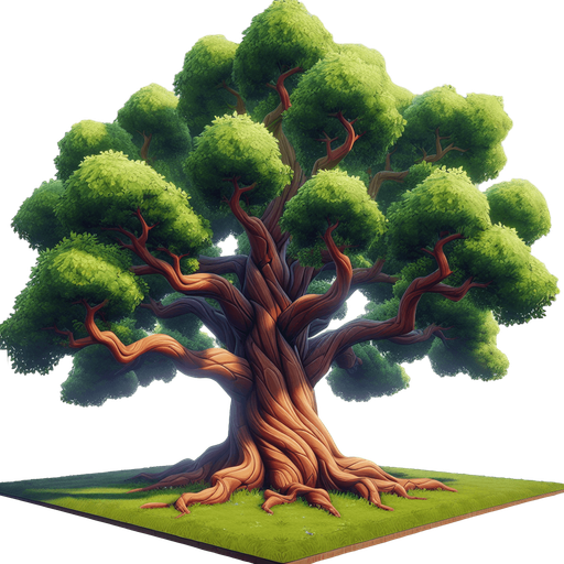 a tall, thick tree with many thick branches. full color..
Single Game Texture.  In-Game asset.  2d.  Blank background.  High contrast.  No shadows