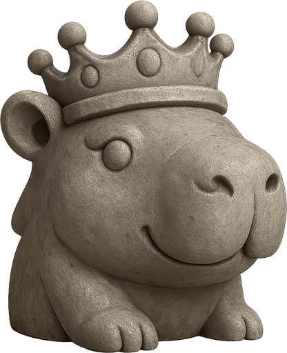 Recrealo en una escultura. Utiliza un estilo cartoon. Usas colores grises. Recuerda que es un capibara usas sus rasgos y formas. Damelo sin fondo. Tambien quita el arco y la flecha