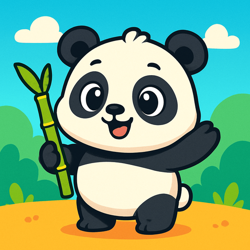 A cute cartoon-style panda character for a mobile game. Chubby body with classic black and white fur, big round eyes with a sparkle, small ears, sitting or standing upright with a happy, playful expression. Holding a bamboo stick or waving. Colorful, simple background. High-quality digital illustration, ideal for a children’s game.”.
In-Game asset.  2d.  High contrast.  No shadows. cartoon style