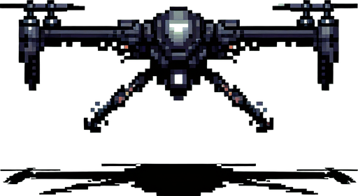 front image a 8 bit battle enemy black scifi quadcopter  drone.
Single Game Texture.  In-Game asset.  2d.  Blank background.  High contrast.  No shadows