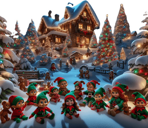A feerical landscape with santa's house, pines, snow, glowing lights, at night.
In the front, cute elves with gree hats, gingerbread boys, teddy bears, celebrating, but no Santa Clauss in the image. Background image. High contrast. No shadows.
