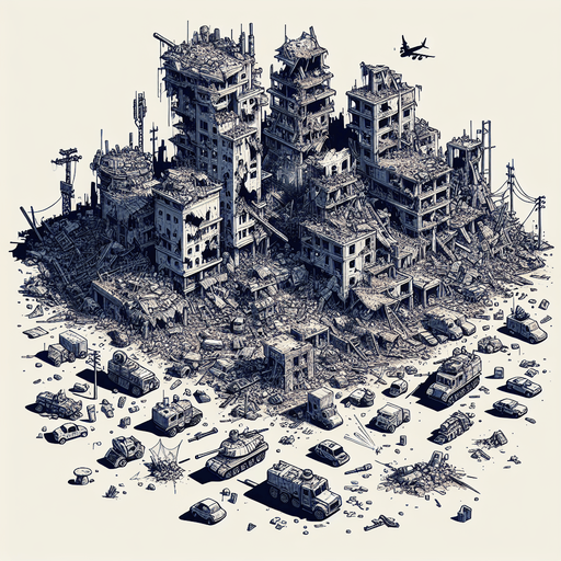 a city that is wartorn and has many explosoins and brocken buildings.
Single Game Texture.  In-Game asset.  2d.  Blank background.  High contrast.  No shadows