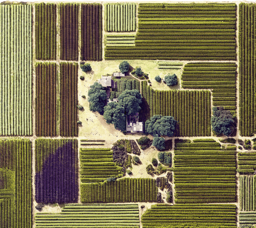 The same image, but in a lush green setting, where grass is growing in all the fields.