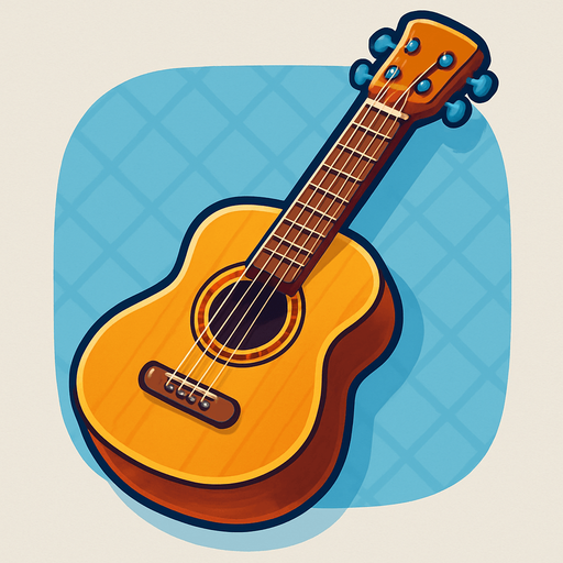 A bold, game-style illustration of an acoustic guitar with a wooden body, visible strings, and a detailed sound hole. Slight 3D shading and a clean, vector outline. Friendly, colorful look with transparent rounded background, optimized for mobile games..
In-Game asset.  2d.  High contrast.  No shadows