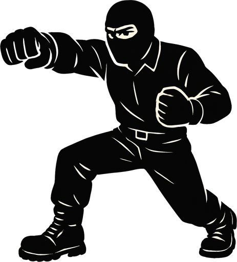 hombre con camisa negra de manga larga, pantalones negros, botas negras y guantes negros y un pasamontañas negro dando un puñetazo..
In-Game asset.  2d.  High contrast.  No shadows