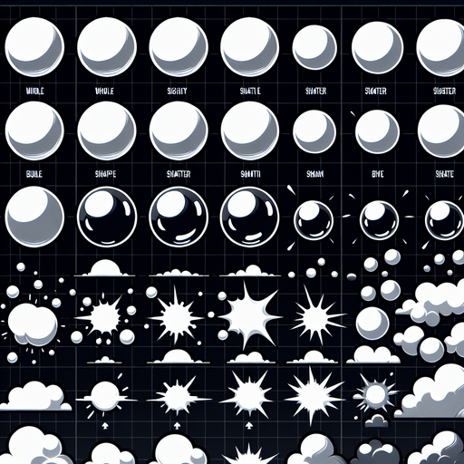 Sprite sheets of simple white bubble for bubble shatter game. Many options..
Single Game Texture. In-Game asset. 2d. Blank background. High contrast. No shadows.