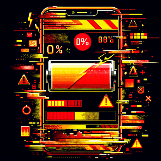 A background for a game over screen, depicting a mobile phone UI with a depleted battery at 0%. The screen features bold red and yellow colors, creating a sense of urgency and tension. A large, flashing battery icon with a red '0%' and a warning triangle is prominently displayed. The UI includes glitch effects, cracks, or distortion to suggest the phone has been overcharged and malfunctioned. The background is filled with subtle warning messages and symbols in red and yellow tones, enhancing the dramatic and high-stakes atmosphere.
Single Game Texture. In-Game asset. 2d. Blank background. High contrast. No shadows.