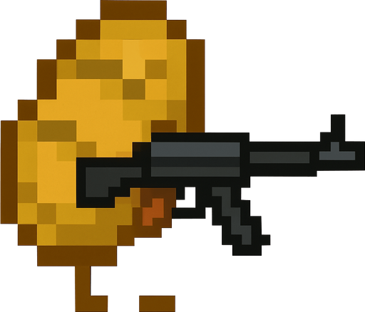 Use png Image of a potato from game mincraft.And make the potato hold an animated gun
In-Game asset.  2d.  High contrast.  No shadows