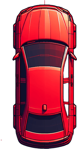 A red color 2D car from top view facing north and a little big.
Single Game Texture. In-Game asset. 2d. Blank background. High contrast. No shadows.