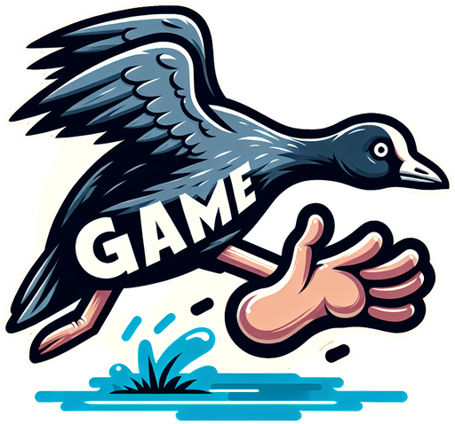 Game icon for a video game called “Coot Run”. Show an American Coot with its wings up and its foot big in the foreground. Show the name of the game big in the center with the coots foot underneath..
Single Game Texture. In-Game asset. 2d. Blank background. High contrast. No shadows.
