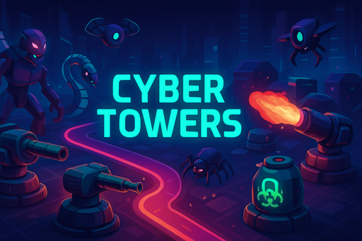 Fullscreen modern App Store landscape banner, 16:9, high definition, HD colors. for a future game of tower defense with cyberpunk and abstract style titled "Cyber Towers" without description "Defend the exit way in final path from different enemies Robots, cyborgs, cyber robot snakes, cyber spiders, flying cyber robots, by placing towers each tower have different weapon then the others, cannon, rifle, flame, rocket, gum bomb, toxin bomb. don't let them pass through the path!". with text on the middle of the banner "Cyber Towers"!