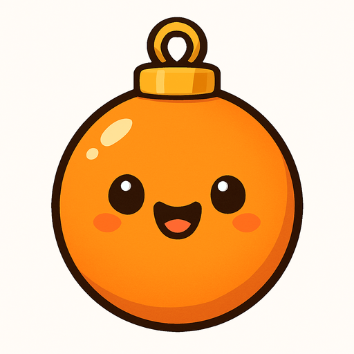 Perfectly round orange Christmas decoration with cute happy face. Cartoon style. Cute art style. Simple vector style. No Shadows Single Game Texture. In-Game asset. 2d. Blank background. High contrast. No shadows.