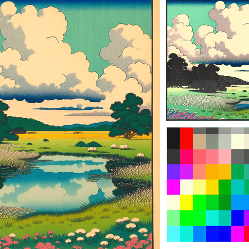 ghibli anime 2d style. meadow at lake. sky full of small with cloud.
Single Game Texture.  In-Game asset.  2d.  Blank background.  High contrast.  No shadows
