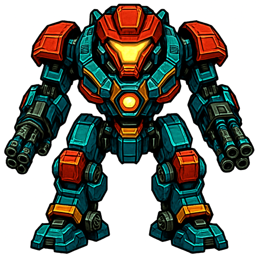 different cyber big Robot enemy from the front side facing camera. HD colors. separated
In-Game asset.  2d.  High contrast.  No shadows